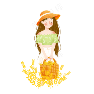 芒种拾穗麦子女孩png素材