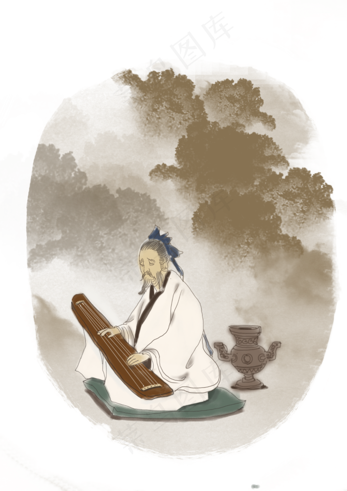 弹奏古人中国风国画装饰春天清明,免抠元素(2480X3508(DPI:300))psd模版下载