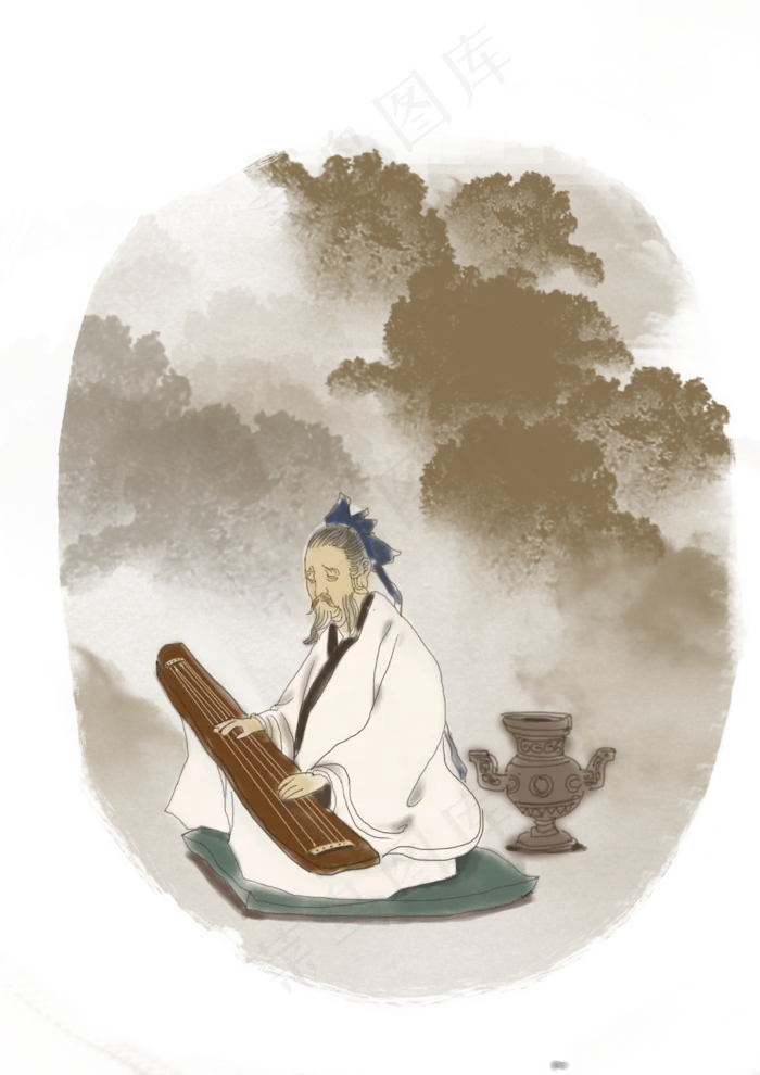弹奏古人中国风国画装饰春天清明,免抠元素