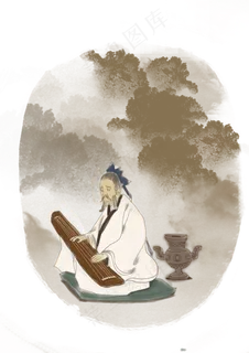 弹奏古人中国风国画装饰春天清明,免抠元素