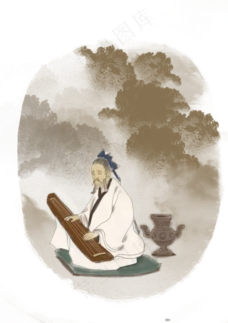 弹奏古人中国风国画装饰春天清明,免抠元素