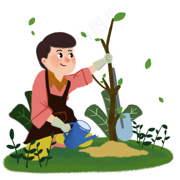 植树节男孩种树浇水手绘人物PNG(3000X3000(DPI:300))psd模版下载