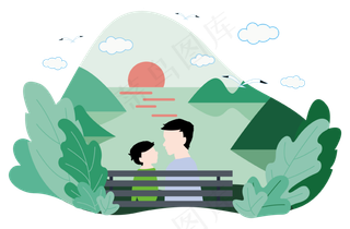 父亲节扁平风素材夕阳下的父子矢