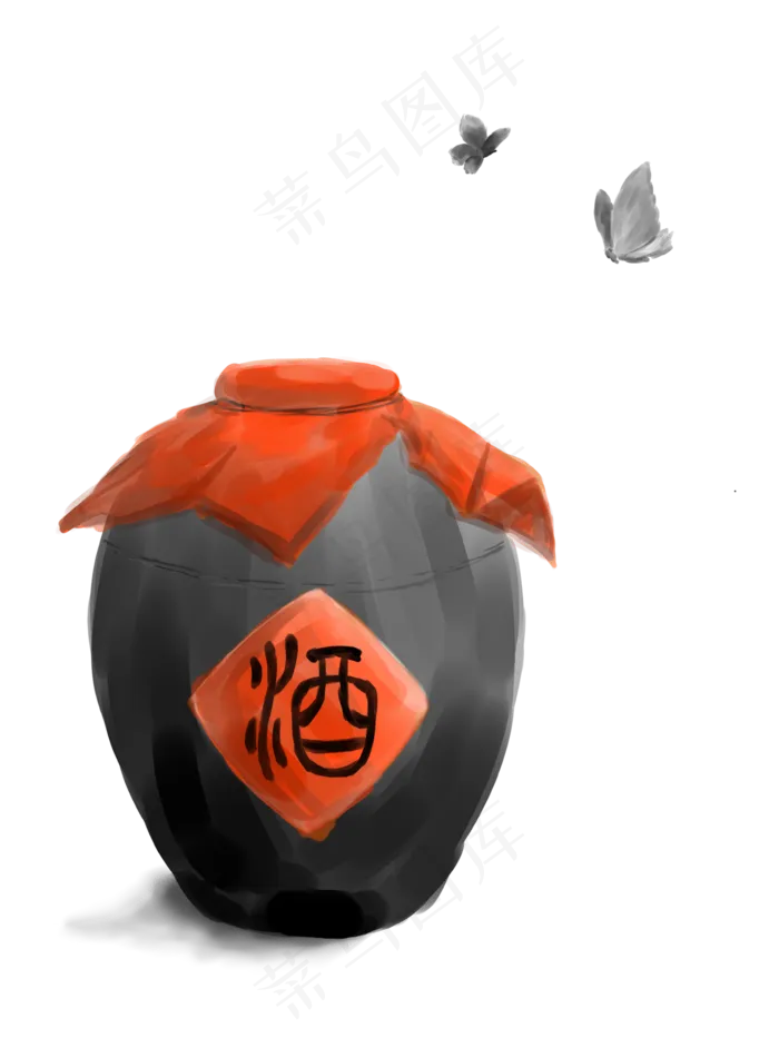 水墨风酒坛清明节装饰素材,免抠元素