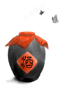 水墨风酒坛清明节装饰素材,免抠元素