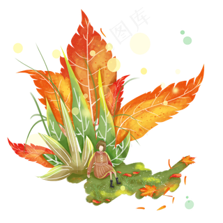 梦幻枫叶丛和小女孩,免抠元素