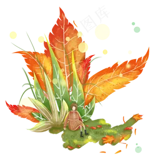 梦幻枫叶丛和小女孩,免抠元素