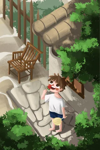 夏天夏季夏景男孩吃冰棍童年农村小清新