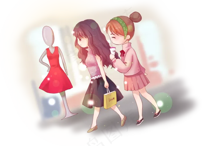 妇女节闺蜜开心出门逛街买衣服购,免抠元素