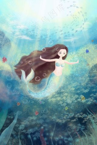 蓝色夏季小清新美人鱼深海游泳玩耍配图