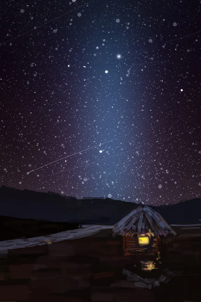 夜空下的孤独小房子