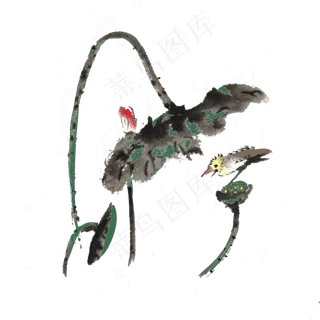 小鸟立在莲蓬手绘水墨,免抠元素