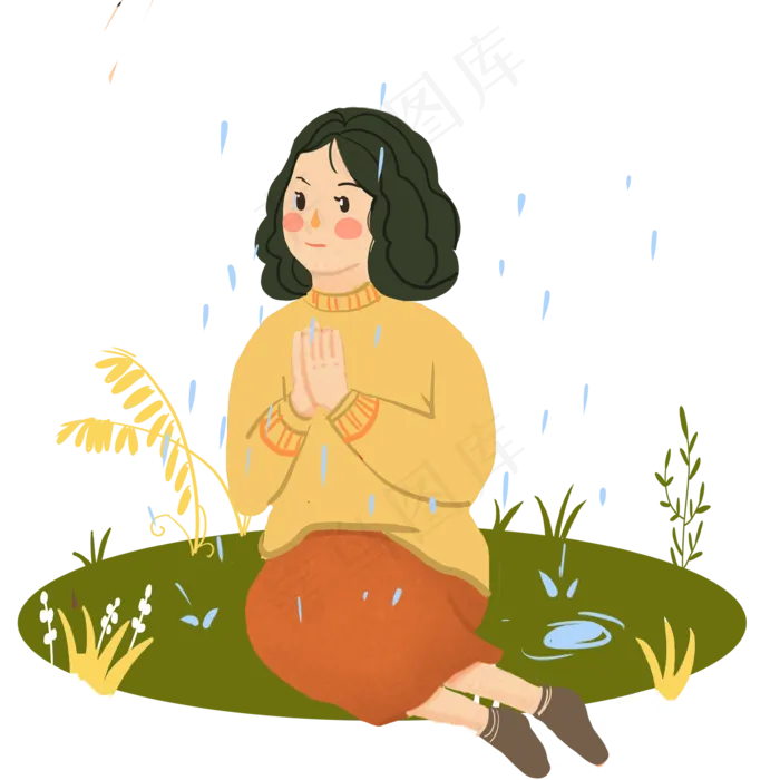 谷雨坐着祈祷的小女孩