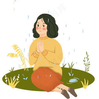 谷雨坐着祈祷的小女孩