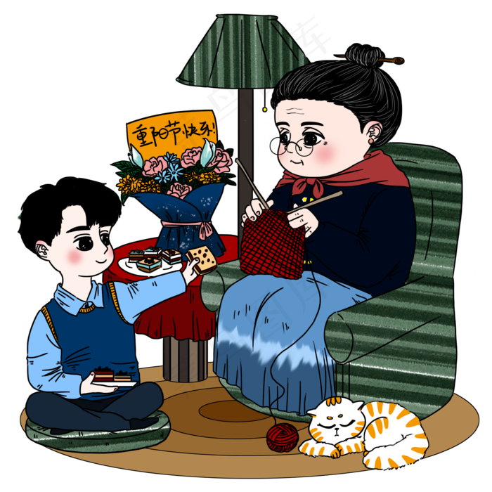 重阳节陪姥姥一起度过卡通手绘人
