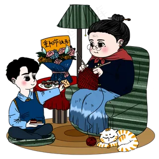 重阳节陪姥姥一起度过卡通手绘人