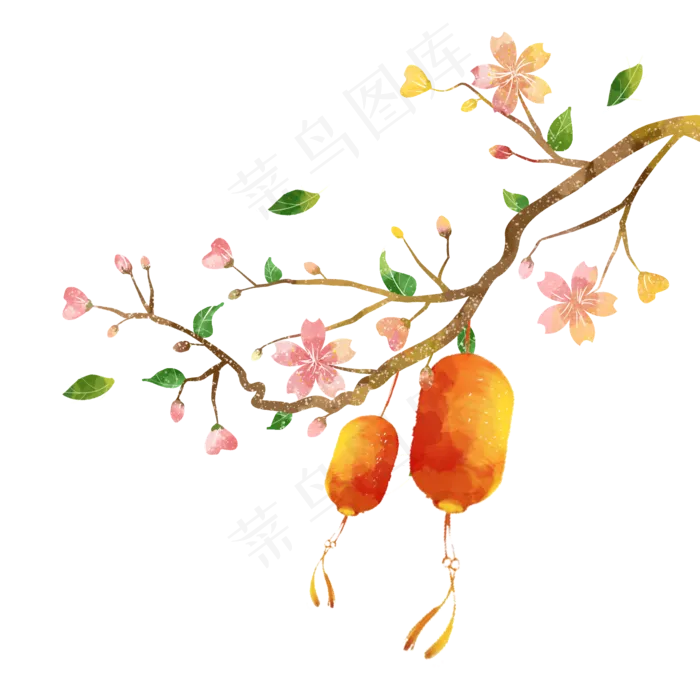 水彩春节装饰桃花灯笼,免抠元素(2000X2000(DPI:300))psd模版下载