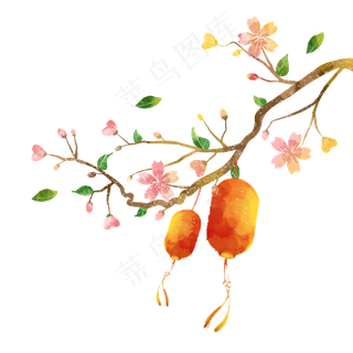 水彩春节装饰桃花灯笼,免抠元素