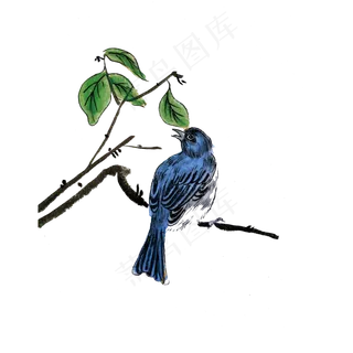 国画水墨工笔蓝色雀鸟PNG,免抠元素