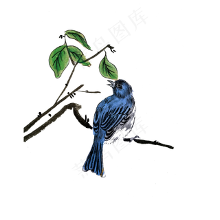 国画水墨工笔蓝色雀鸟PNG,免抠元素