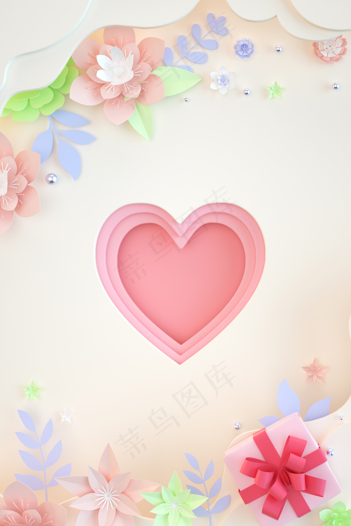 C4D剪纸风立体花朵七夕情人节背景