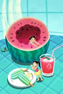 青色系卡通手绘风夏景西瓜配图