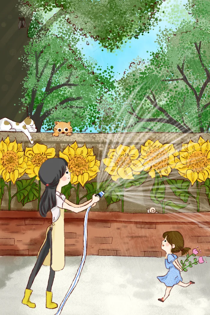 夏景妈妈和女孩在院子里喷枪浇花小清新图(3545*5315px 300 dpi )psd模版下载