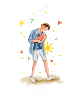 处暑吃西瓜的男孩