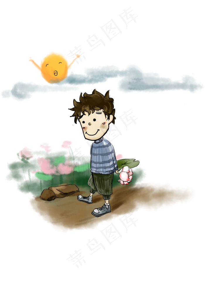 卡通可爱拿荷花的少年免抠图