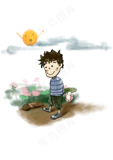 卡通可爱拿荷花的少年免抠图