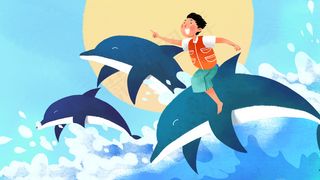 蓝色系卡通手绘风夏景海豚配图