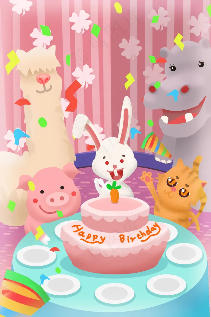 可爱动物生日聚会(3545X5315(DPI:300))psd模版下载