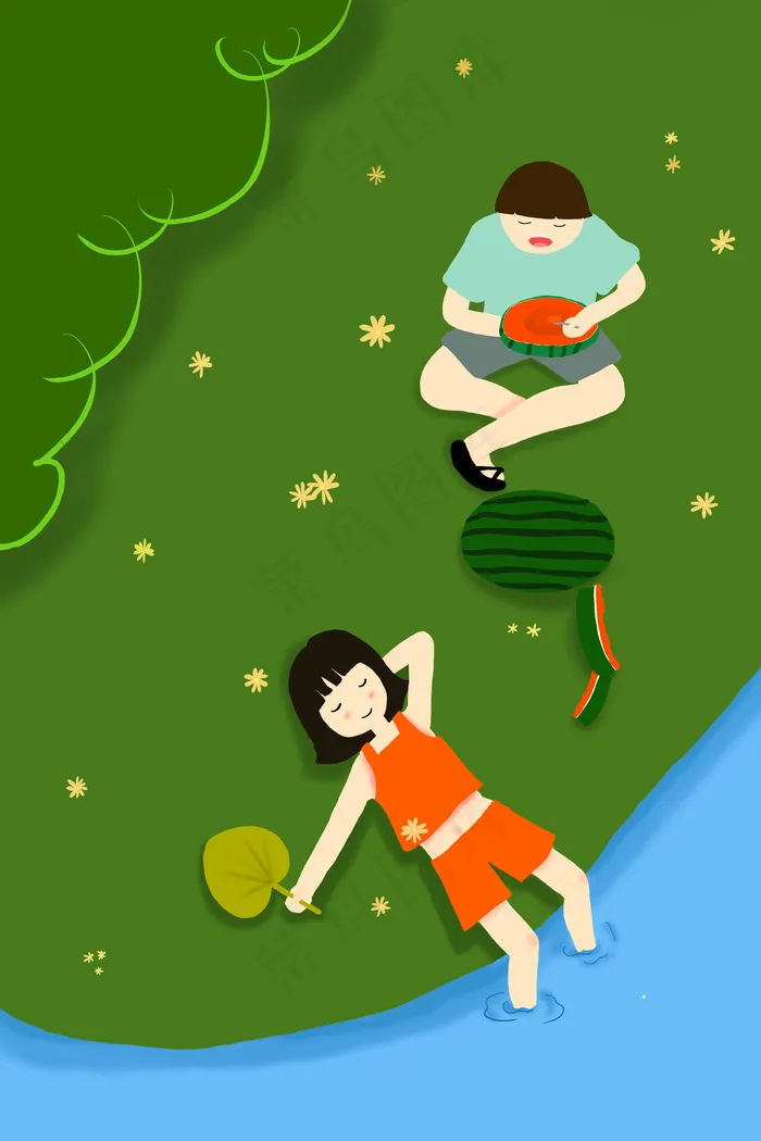立夏少年少女在河边纳凉吃西瓜