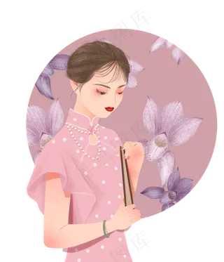 复古民国旗袍粉色美女淑女名媛,免抠元素