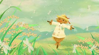 小满芒种绿色肌理稻草人水稻