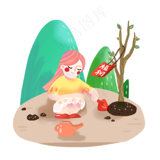 少女可爱植树节挖图3月春天PNG