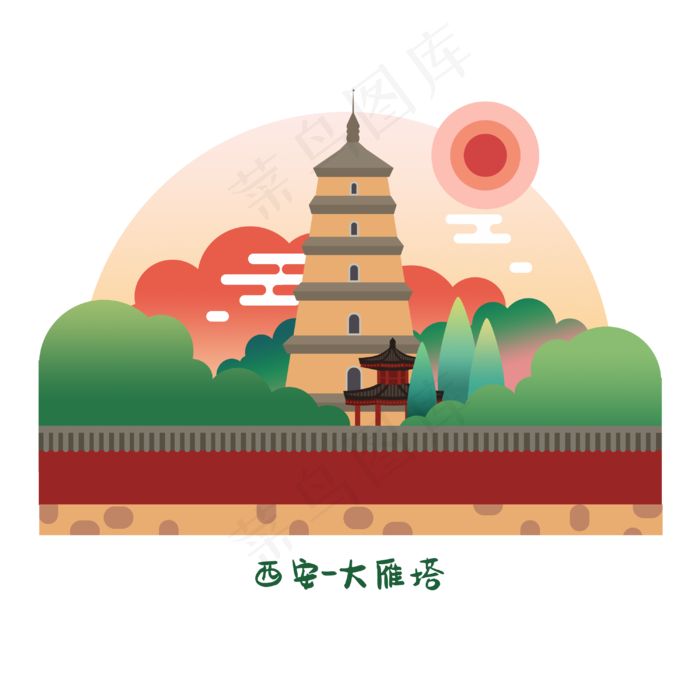 西安地标手绘装饰图,免抠元素