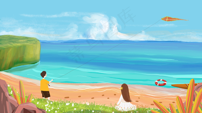 夏日海边放风筝的情侣(2880*1620px 300 dpi )psd模版下载