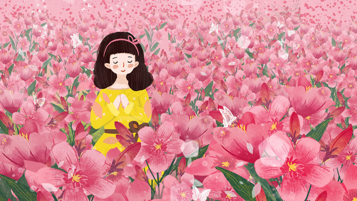 女孩身在粉色花花海中很浪漫(2880X1620(DPI:300))psd模版下载