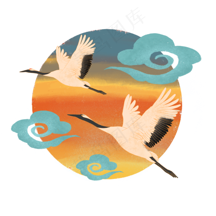 中国风仙鹤落日祥云,免抠元素