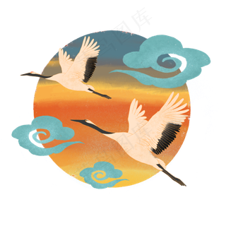 中国风仙鹤落日祥云,免抠元素