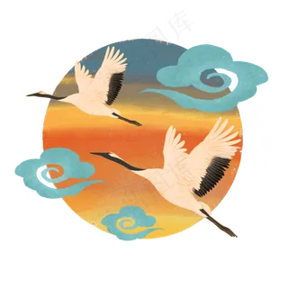 中国风仙鹤落日祥云,免抠元素
