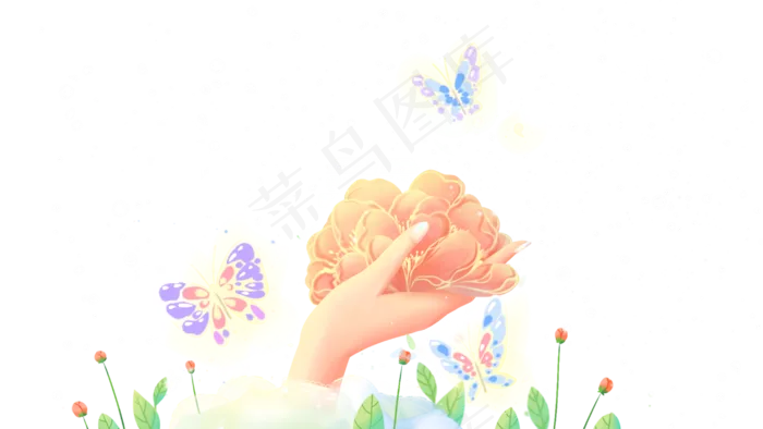 梦幻蓝紫色发光蝴蝶玫瑰手捧花(2880X1620(DPI:300))psd模版下载