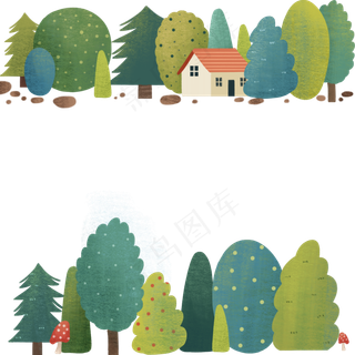 森林绿色茂盛装饰边框树林小屋PNG,免抠元素