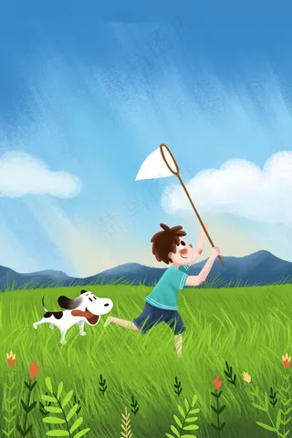 春天春季男孩捉蜻蜓立春游玩春游小清新