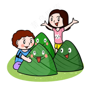 卡通端午节儿童和大粽子png透