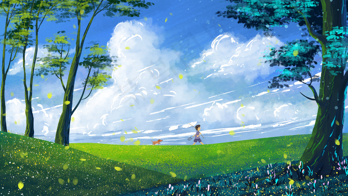 夏天景色蓝天草地树小清新男孩去钓鱼(2880*1620px 300 dpi )psd模版下载