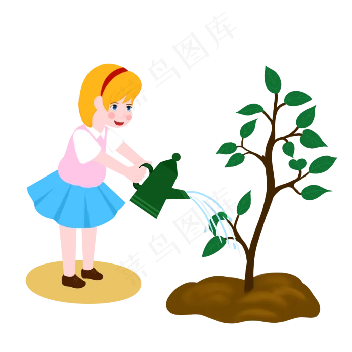 植树节短发女孩给树浇水手绘人物(3000X3000(DPI:132))psd模版下载