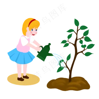 植树节短发女孩给树浇水手绘人物