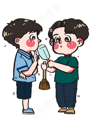 兄弟俩选工具分工打扫卫生